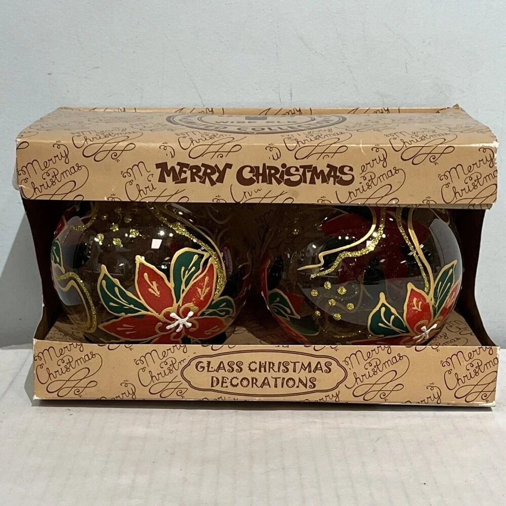 Wise Elk Glass Christmas‎ Ornaments Poinsettia Set Of 2  Bulbs Clear Painted